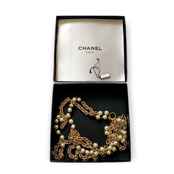 Vintage Chanel 1980s Double-Strand Faux Pearl Necklace 36”–CC Logo Clasp, box - Picture 1 of 15